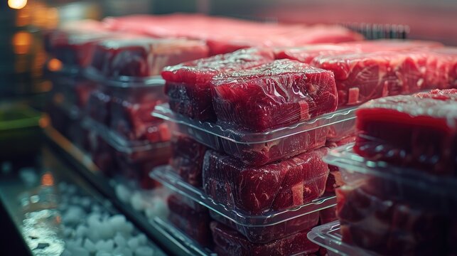Frozen meat is organized in clear containers, showcasing vibrant red hues and a fresh appearance. The display is well-maintained and emphasizes quality and cleanliness. National frozen food day.