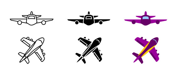 Airplane icon set. Front and top view aircraft signs. High-speed plane and commercial jet symbols. Sky travel and aviation pictograms. Passenger and private flight illustration.