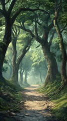 Fototapeta premium A winding dirt road leads through an ancient forest 