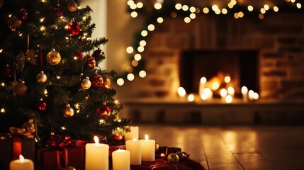 Obraz premium Christmas Eve: Cozy Fireplace and Decorated Tree