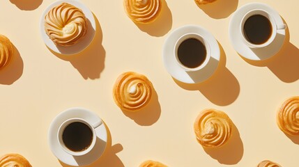 Cream Puffs and Coffee Cups Arranged in a Minimalist Style Flat Lay
