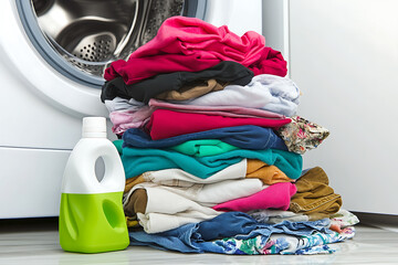 A neatly folded stack of clothes on a clean surface, with a white washing machine in the background and a container of unbranded liquid detergent in the foreground.