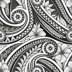 Seamless Polynesian tattoo pattern with flowers, leaves, and turtle