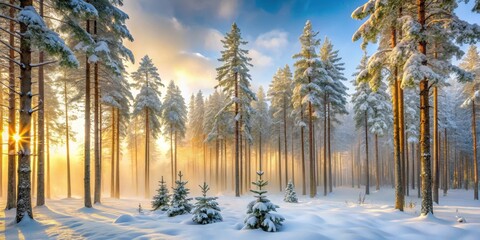 Obraz premium Golden Sunrise Illuminating a Snow-Covered Pine Forest with Soft Mist and Small Evergreens