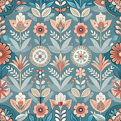 Seamless Scandinavian folk pattern with flowers and leaves
