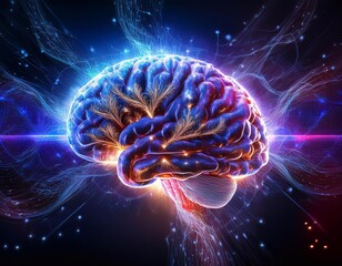 Fototapeta premium Brain with neural connections on a black background in neon colours