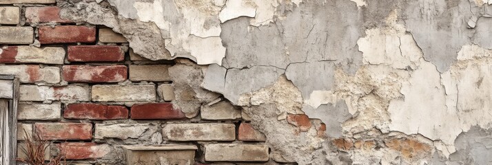Weathered brick wall with crumbling plaster showing textured decay and age