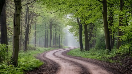 Obraz premium A winding dirt road leads through an ancient forest 