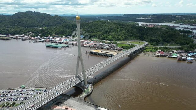 Raja Isteri Pengiran Anak Hajah Saleha Bridge in Bandar Seri Begawan Aerial View. Bandar Seri Begawan, the capital of Brunei Darussalam. Borneo.