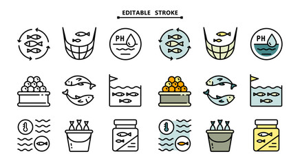 Fish farm icons set. Editable stroke. Color set of fish farm icons. Simple vector illustration for mobile concept and web design.