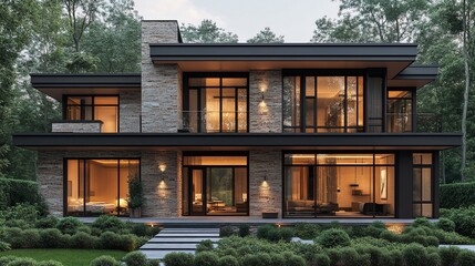 Fototapeta premium Modern luxury house with stone facade, large windows, and outdoor lighting at dusk. (1)