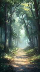 Obraz premium A winding dirt road leads through an ancient forest 