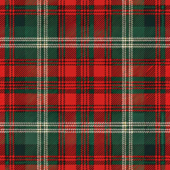 Seamless tartan fabric texture in red, green, and black