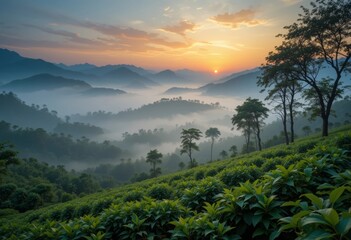 A lush coffee plantation with mist covering the trees at sunrise