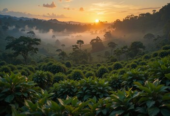 A lush coffee plantation with mist covering the trees at sunrise