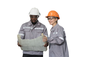 Team of male and female engineer standing and working together on transparent background. Male and female technician standing on transparent background. Male and female engineer on white background
