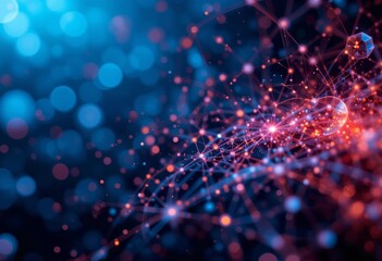 A digital network of interconnected particles in various colors and sizes