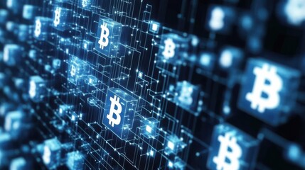 Fototapeta premium A captivating visualization of blockchain technology represented through glowing symbols, emphasizing the future of finance and digital transactions in a modern context.
