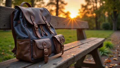 Brown leather backpack on wooden bench at sunset.

