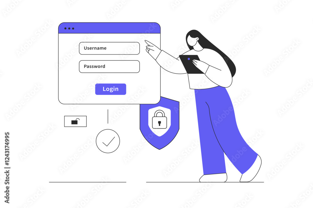 Poster login authentication page concept. woman field login screen with username password on web page. two 