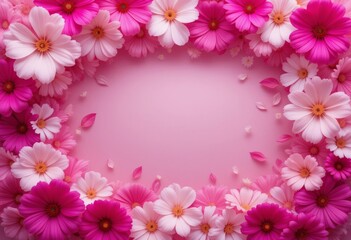 Naklejka premium A close-up of pink and white flowers arranged in an abstract frame, with a pink tulle fabric in the background.