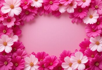 A close-up of pink and white flowers arranged in an abstract frame, with a pink tulle fabric in the background.