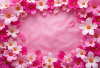 Fototapeta premium A close-up of pink and white flowers arranged in an abstract frame, with a pink tulle fabric in the background.