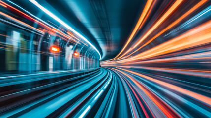 Dynamic movement captured inside a metro train speeding through a tunnel at night with bright light trails illuminating the surroundings