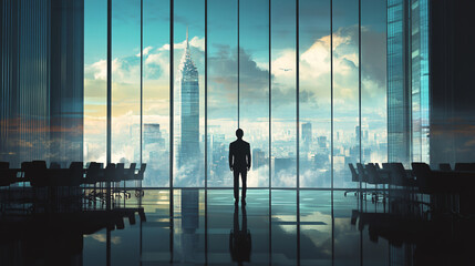 Fototapeta premium A solitary man gazing out at a vast cityscape from a pristine conference room, contemplating endless possibilities.