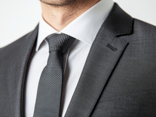 Close-up of a businessman in a black suit and tie, exuding professionalism and confidence.