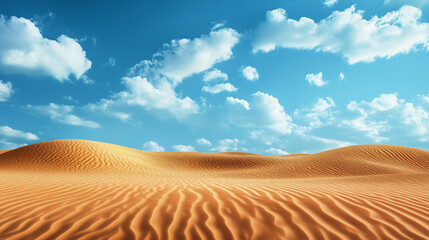 Golden sand dunes under bright blue sky with scattered clouds in a vast desert landscape - ideal for travel brochures, adventure blogs, environmental studies, and nature-themed backgrounds