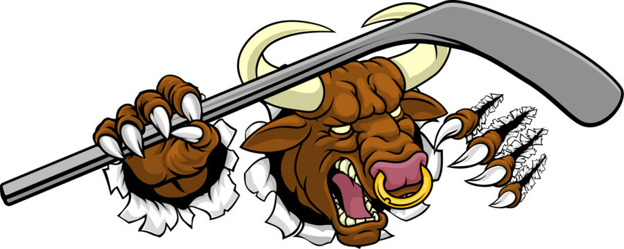 A bull or Minotaur monster longhorn cow angry mean ice hockey mascot cartoon character.