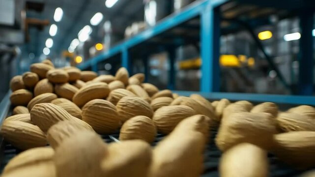 Peanut processing in factory with conveyor belt in industrial setting