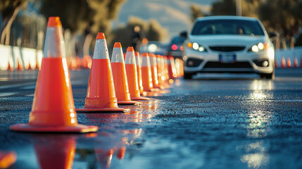 Bright orange traffic cones are strategically placed along a glistening road, guiding a car through an urban landscape under a clear sky. The scene captures a busy afternoon vibe