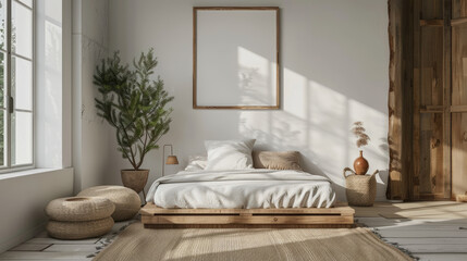 Creating a serene minimalist bedroom a bright with white walls and wooden bed frame illuminated by soft natural light