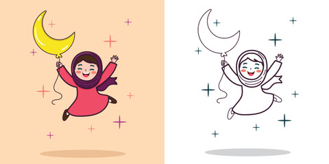 A cute Muslim little girl jumping with a crescent moon-shaped balloon for a design element or coloring book element
