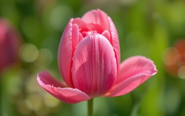 Fototapeta premium A close-up of a pink tulip with dew drops on its petals