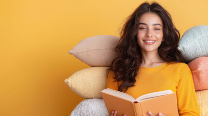 young beautiful woman reading book at home - obrazy, fototapety, plakaty