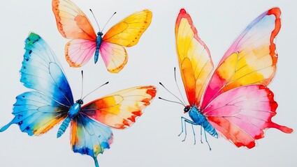 Colorful watercolors depicting three distinct butterflies in vibrant hues showcasing their elegance and beauty