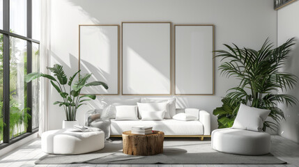 Transforming modern living room aesthetic white walls minimalist furniture blank frames and indoor plants in contemporary design