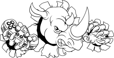 A Rhino Rhinoceros gamer sports video game gaming mascot holding a games controller