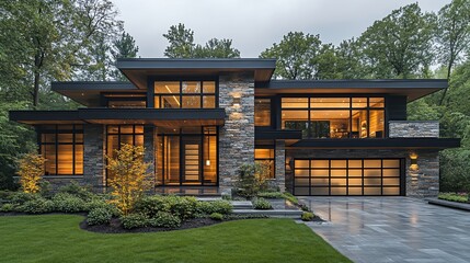 Naklejka premium Modern luxury home with stone facade, large windows, and attached garage.