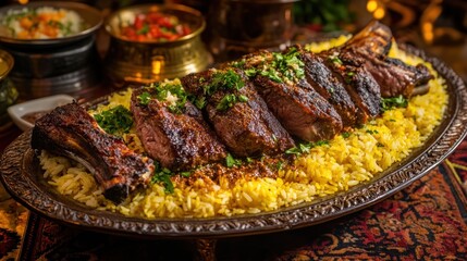 Grilled lamb rack, saffron rice, ornate platter, Indian feast