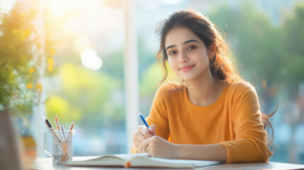 Indian woman writing in a notebook