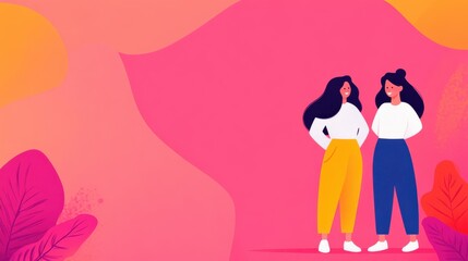 Two women stand confidently against a vibrant pink background with colorful leaves, showcasing modern fashion and a cheerful vibe.