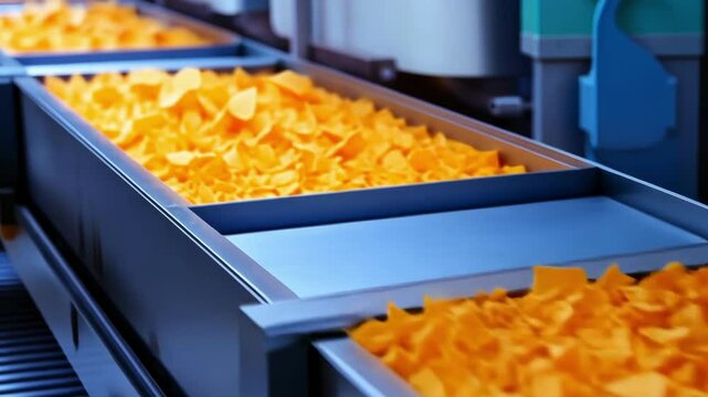 Close-up of cornflakes on production line in food factory