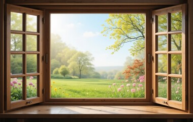 A wooden windowsill with a view of a beautiful spring landscape outside