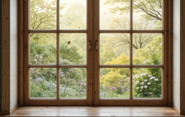 A wooden windowsill with a view of a beautiful spring landscape outside