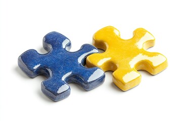 Fototapeta premium Photo of yellow and blue puzzle pieces on a white background, depicting a tangent line between them. The concept is classroom education with a focus on intelligence symbolized by geometric shapes