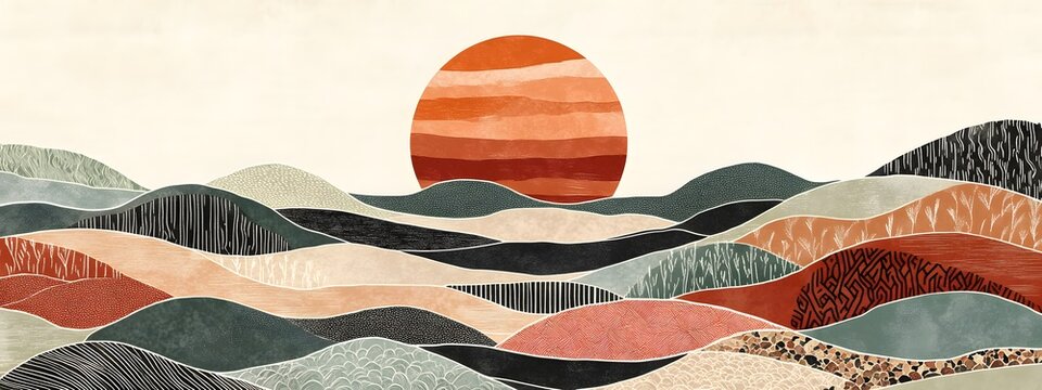 A hand-drawn illustration of the sun setting over rolling hills
